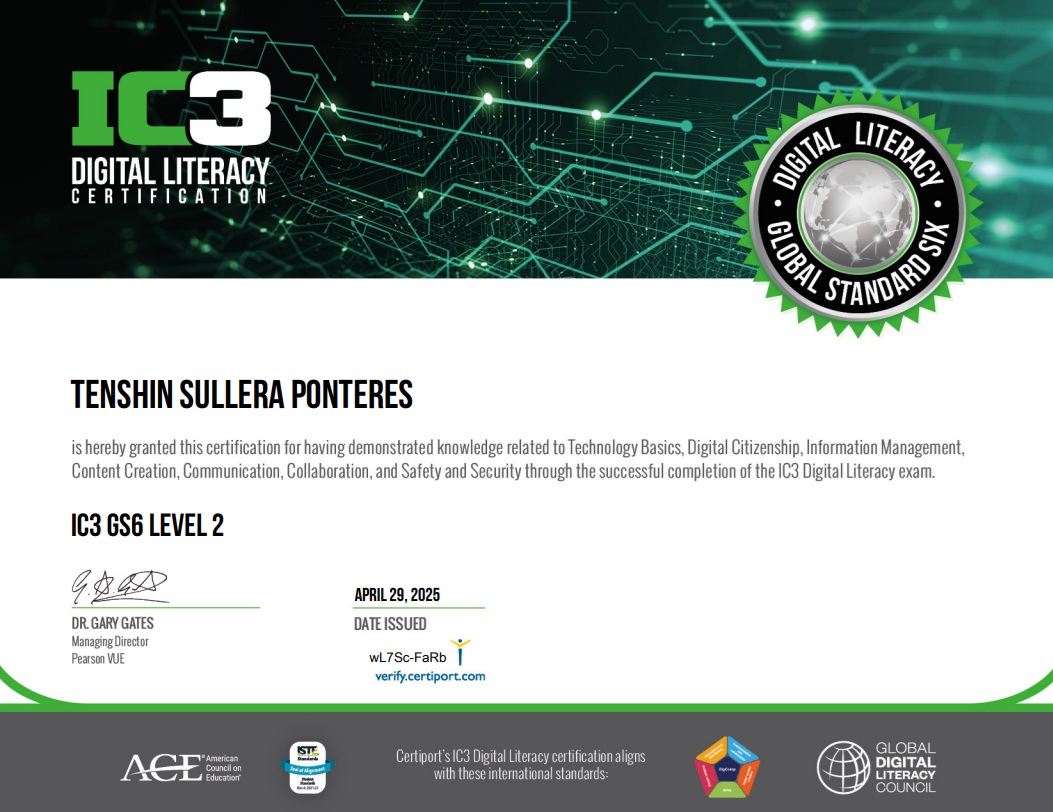 IC3 GS6 Level 2 certification certificate